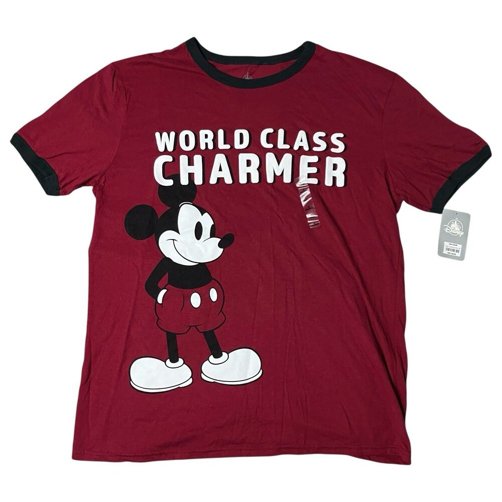 Disney Mens L Mickey Mouse Red Ringer T Shirt World Class‎ Charmer Graphic NWT